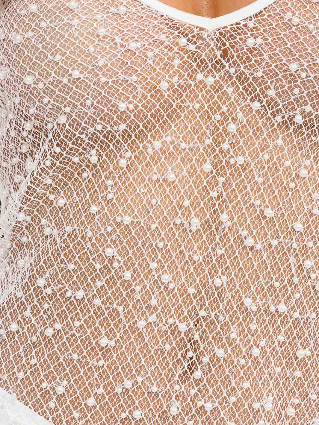 WOMEN'S SLEEVELESS V-NECK PEARL MESH BODYCON MIDI DRESS