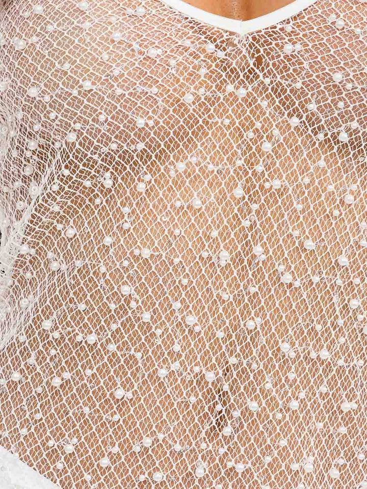 WOMEN'S SLEEVELESS V-NECK PEARL MESH BODYCON MIDI DRESS