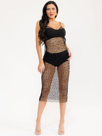 WOMEN'S SLEEVELESS V-NECK PEARL MESH BODYCON MIDI DRESS