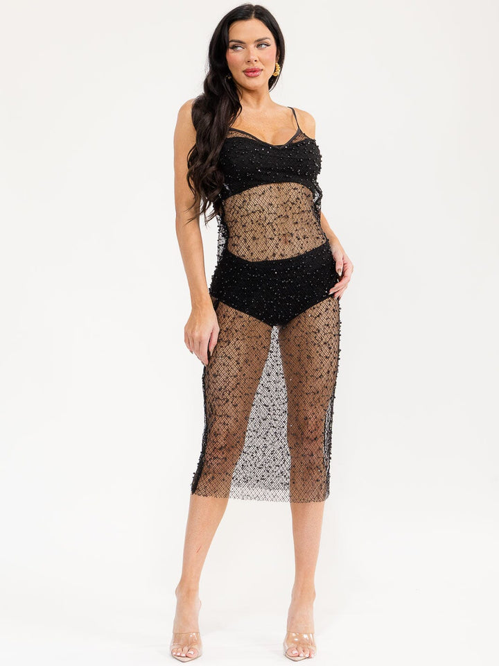 WOMEN'S SLEEVELESS V-NECK PEARL MESH BODYCON MIDI DRESS