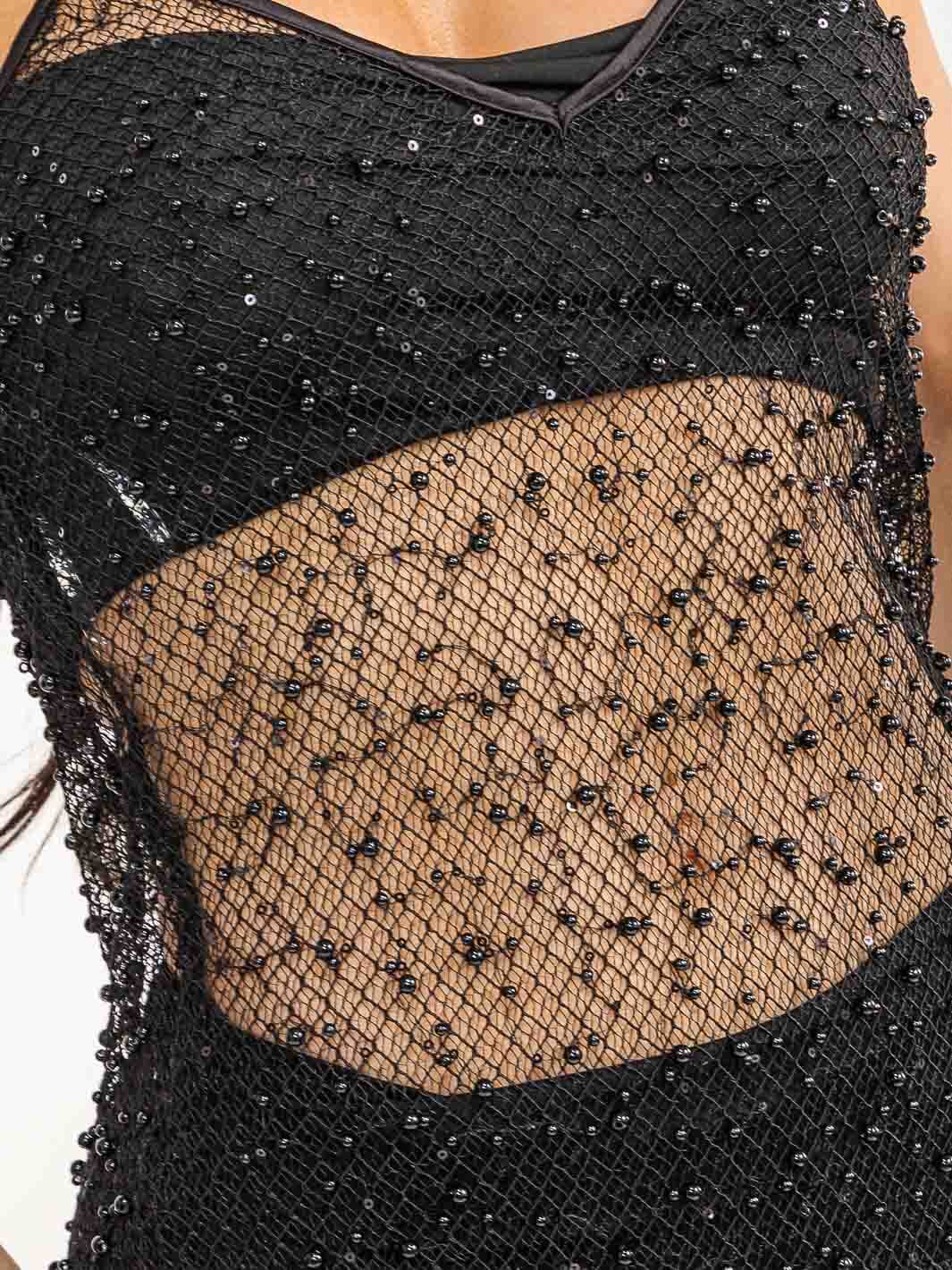 WOMEN'S SLEEVELESS V-NECK PEARL MESH BODYCON MIDI DRESS