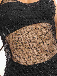 WOMEN'S SLEEVELESS V-NECK PEARL MESH BODYCON MIDI DRESS