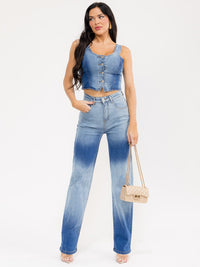 WOMEN'S SLEEVELESS TOP & BUTTON CLOSURE PANTS DENIM TWO TONE 2PC. SET