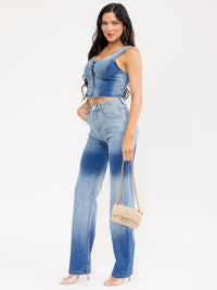 WOMEN'S SLEEVELESS TOP & BUTTON CLOSURE PANTS DENIM TWO TONE 2PC. SET