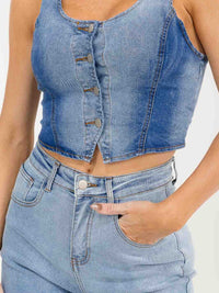 WOMEN'S SLEEVELESS TOP & BUTTON CLOSURE PANTS DENIM TWO TONE 2PC. SET