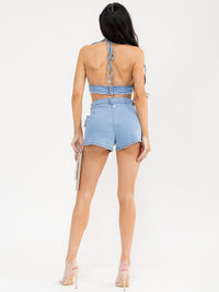 WOMEN'S SLEEVELESS TOP & BUTTON CLOSURE SHORTS DENIM PEARL 2PC. SET