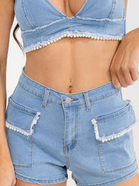 WOMEN'S SLEEVELESS TOP & BUTTON CLOSURE SHORTS DENIM PEARL 2PC. SET