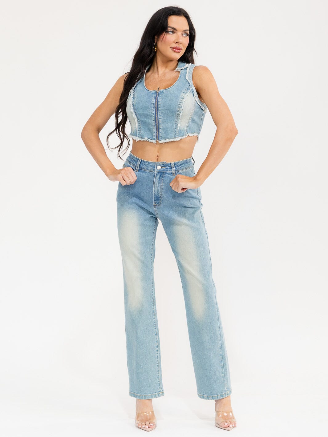 WOMEN'S SLEEVELESS TOP & BUTTON CLOSURE PANTS DENIM WASHED 2PC. SET