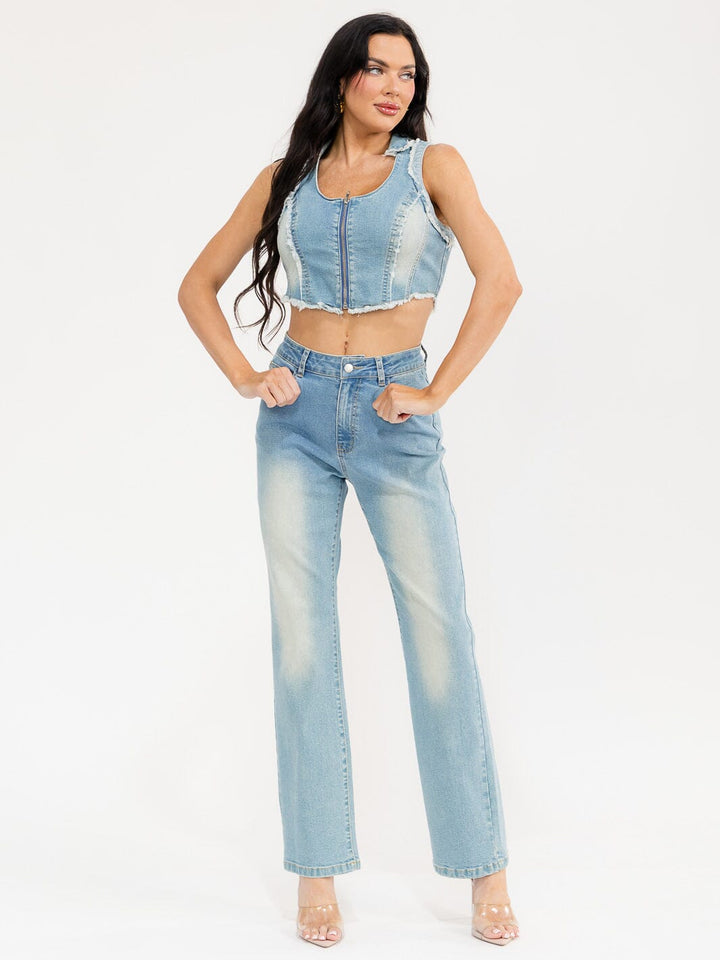 WOMEN'S SLEEVELESS TOP & BUTTON CLOSURE PANTS DENIM WASHED 2PC. SET