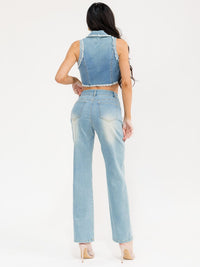 WOMEN'S SLEEVELESS TOP & BUTTON CLOSURE PANTS DENIM WASHED 2PC. SET