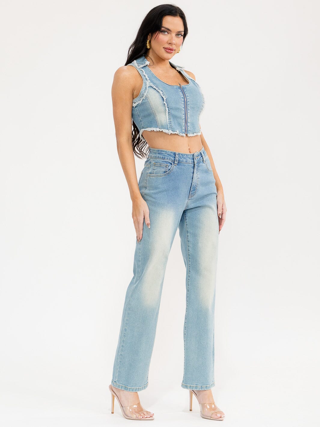 WOMEN'S SLEEVELESS TOP & BUTTON CLOSURE PANTS DENIM WASHED 2PC. SET