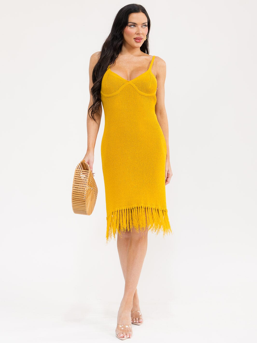 WOMEN'S SLEEVELESS V-NECK FRINGE BOTTOM HEM BODYCON MIDI DRESS