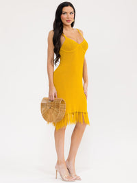 WOMEN'S SLEEVELESS V-NECK FRINGE BOTTOM HEM BODYCON MIDI DRESS