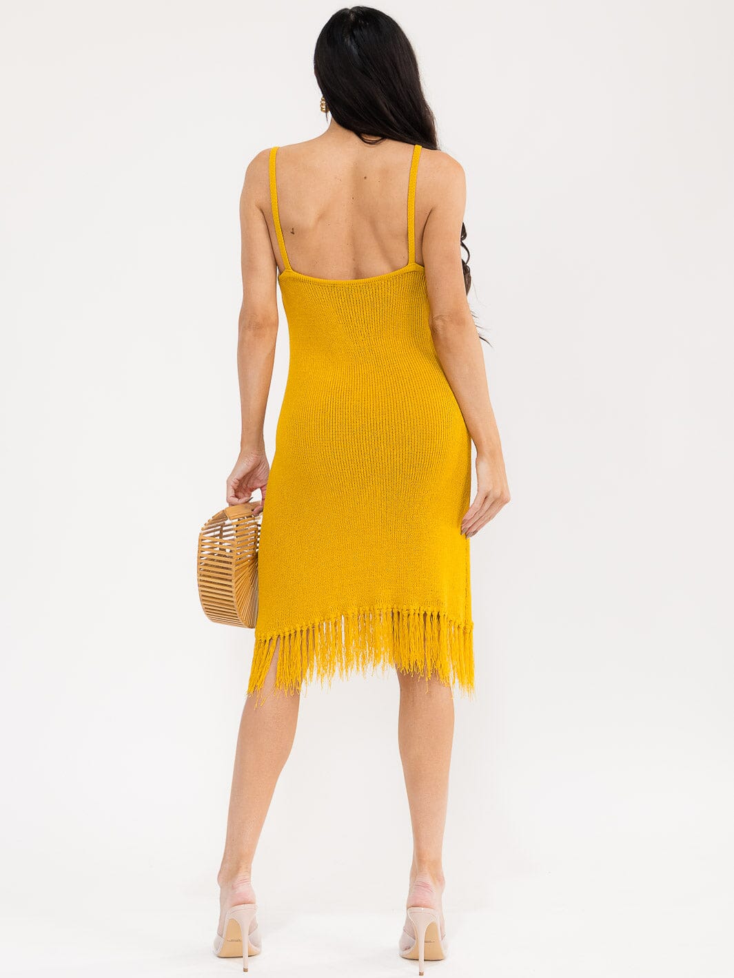 WOMEN'S SLEEVELESS V-NECK FRINGE BOTTOM HEM BODYCON MIDI DRESS