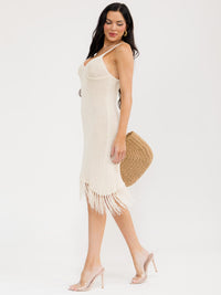 WOMEN'S SLEEVELESS V-NECK FRINGE BOTTOM HEM BODYCON MIDI DRESS