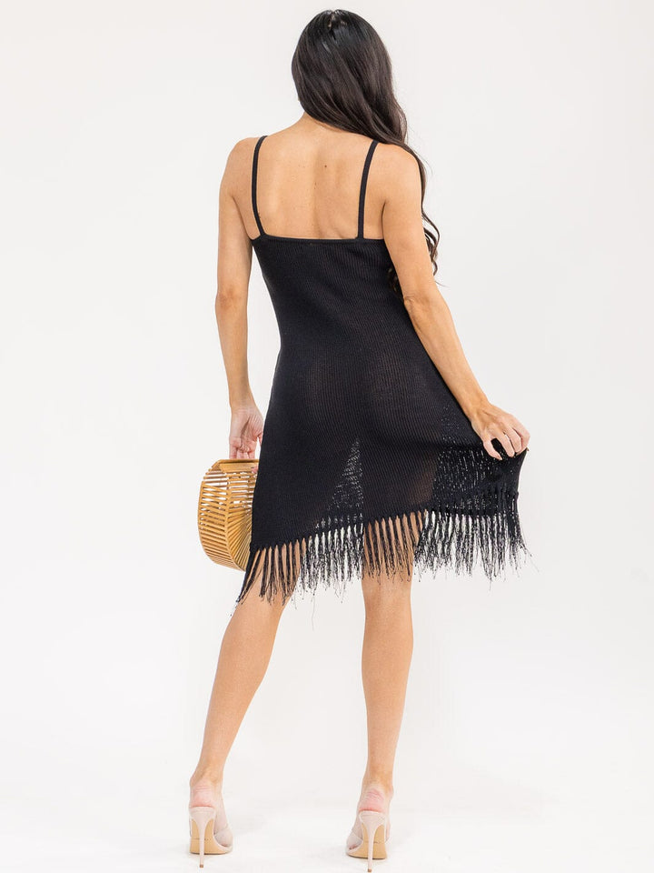WOMEN'S SLEEVELESS V-NECK FRINGE BOTTOM HEM BODYCON MIDI DRESS