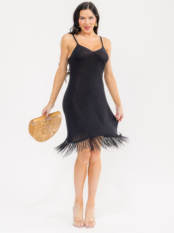 WOMEN'S SLEEVELESS V-NECK FRINGE BOTTOM HEM BODYCON MIDI DRESS