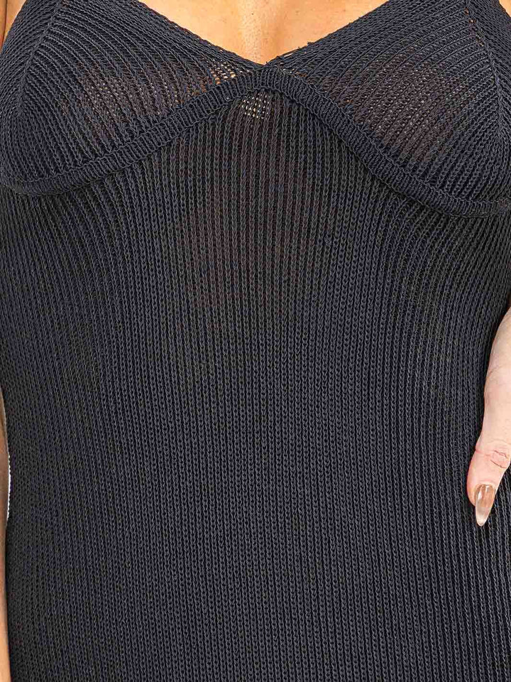 WOMEN'S SLEEVELESS V-NECK FRINGE BOTTOM HEM BODYCON MIDI DRESS