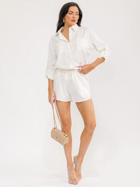 WOMEN'S LONG SLEEVE BLOUSE & ELASTIC WAIST PANTS SHORTS LINEN 2PC. SET