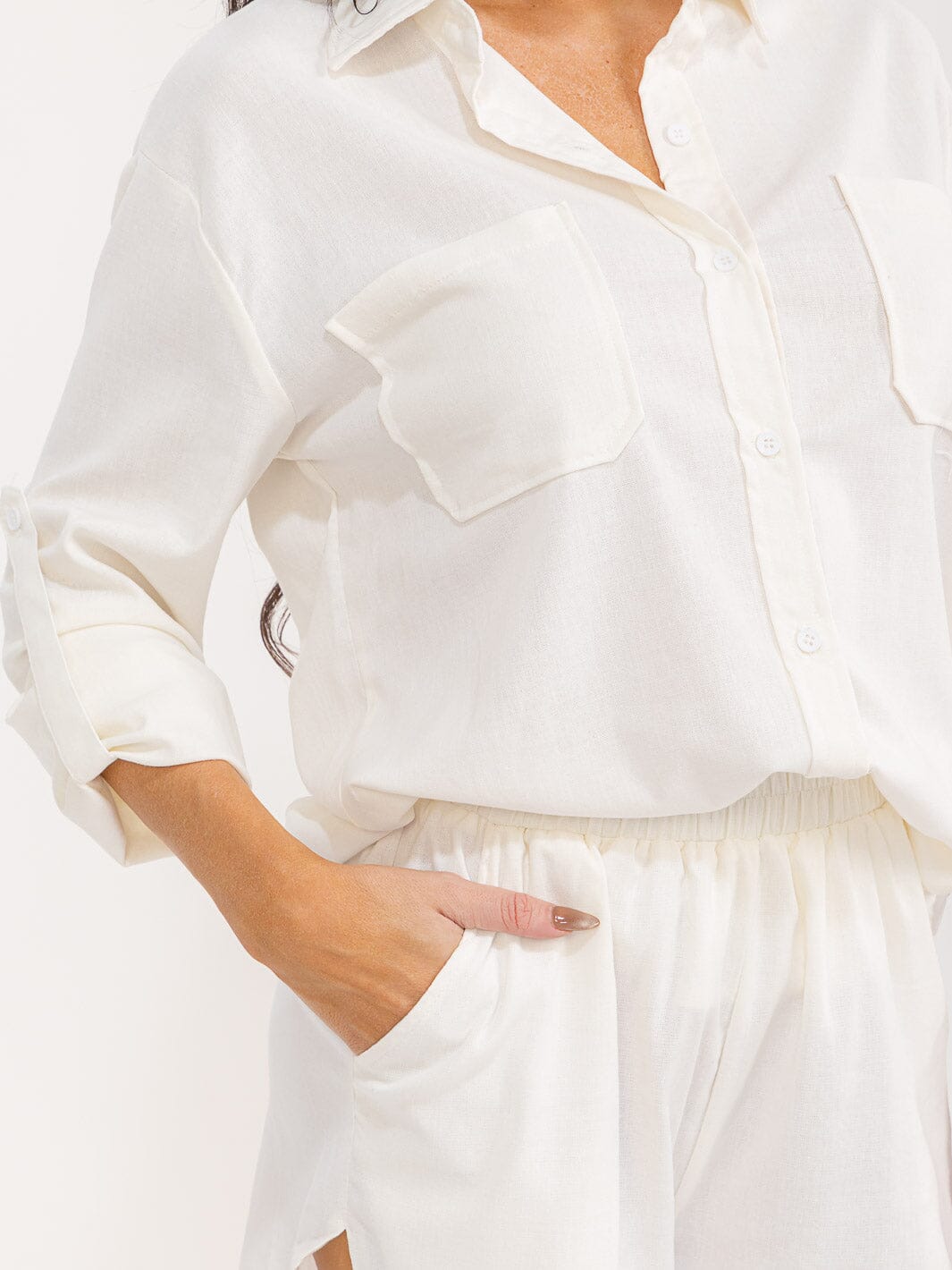 WOMEN'S LONG SLEEVE BLOUSE & ELASTIC WAIST PANTS SHORTS LINEN 2PC. SET