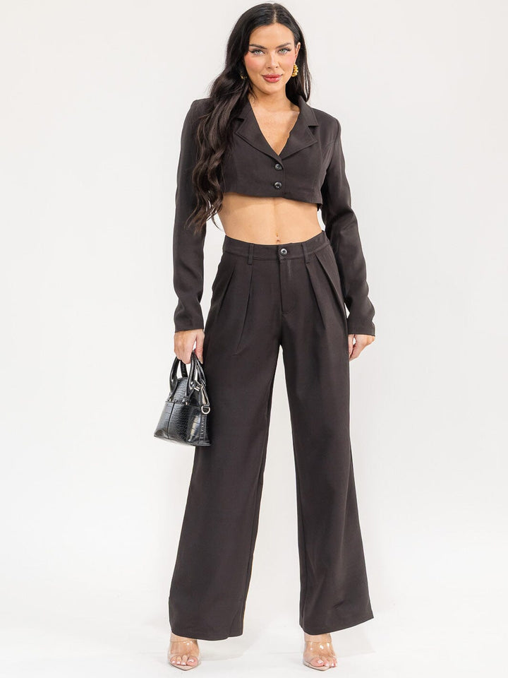 WOMEN'S LONG SLEEVE CROP TOP & BUTTON CLOSURE PANTS SOLID 2PC. SET