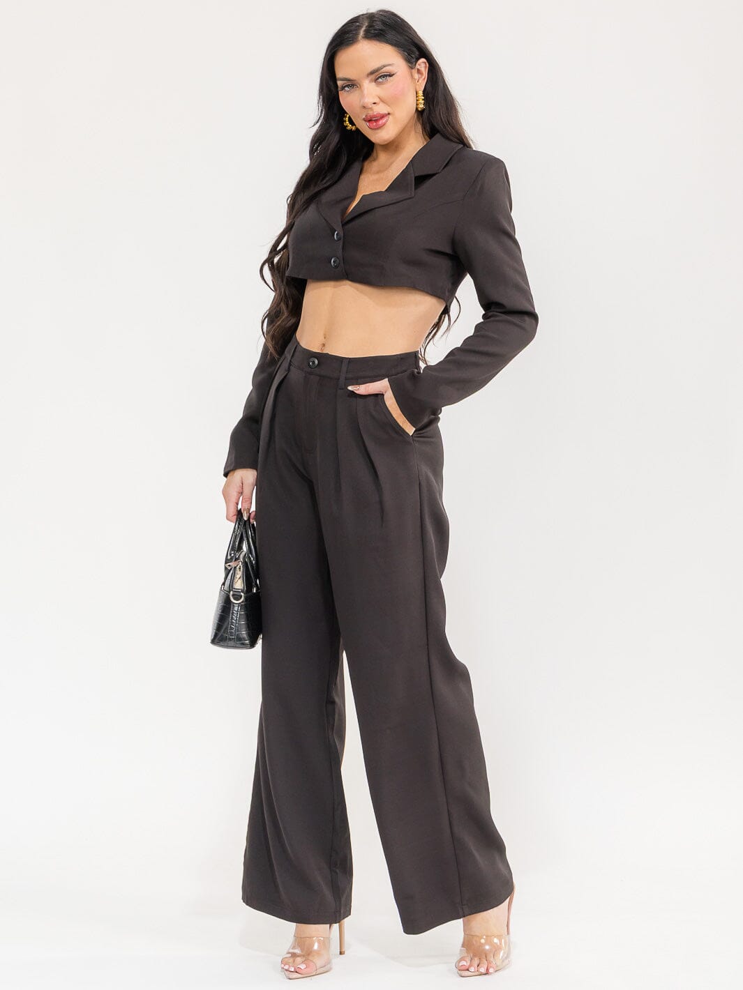 WOMEN'S LONG SLEEVE CROP TOP & BUTTON CLOSURE PANTS SOLID 2PC. SET
