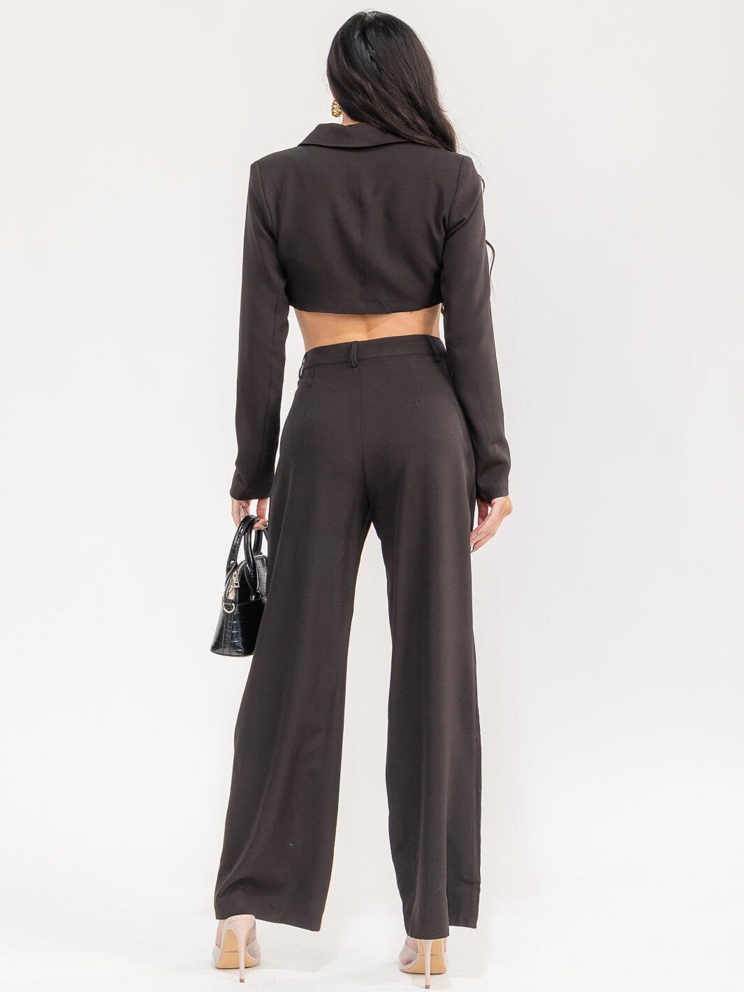 WOMEN'S LONG SLEEVE CROP TOP & BUTTON CLOSURE PANTS SOLID 2PC. SET