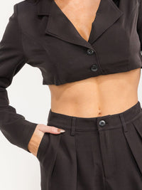 WOMEN'S LONG SLEEVE CROP TOP & BUTTON CLOSURE PANTS SOLID 2PC. SET
