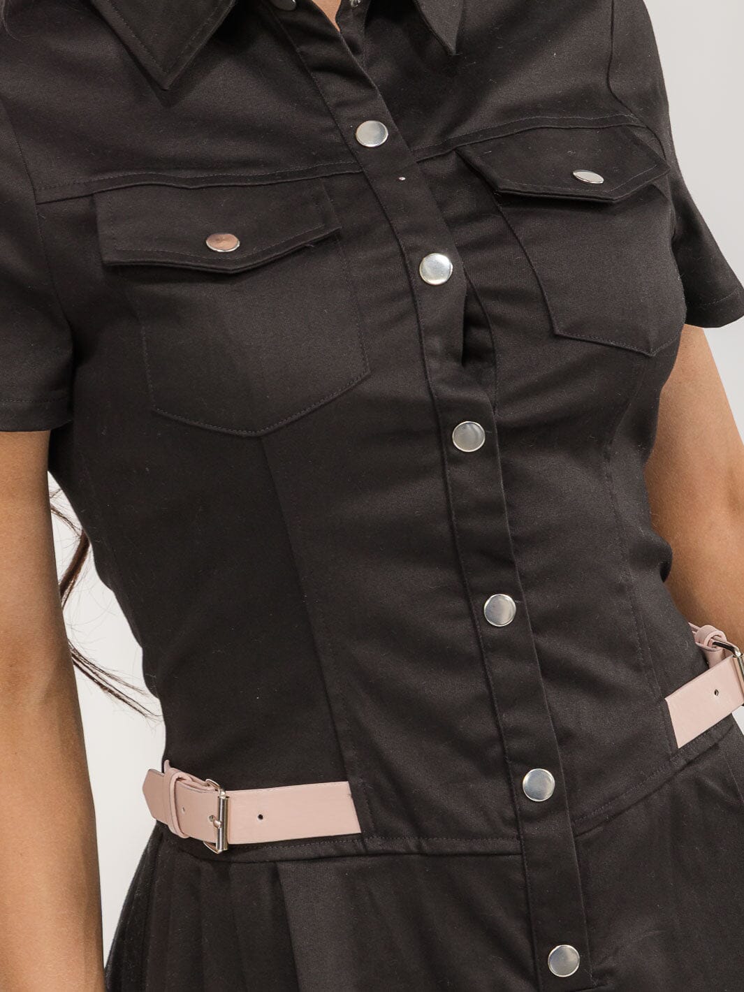 WOMEN'S SHORT SLEEVE BUTTON UP POCKETS BELTED FIT & FLARE MINI DRESS