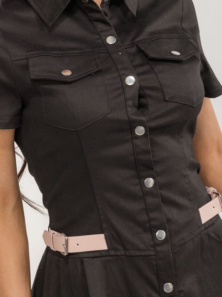 WOMEN'S SHORT SLEEVE BUTTON UP POCKETS BELTED FIT & FLARE MINI DRESS