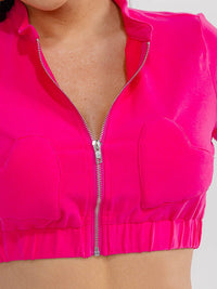 WOMEN'S SHORT SLEEVE CROP TOP & ZIP UP MINI SKIRT HEART POCKETS 2PC. SET