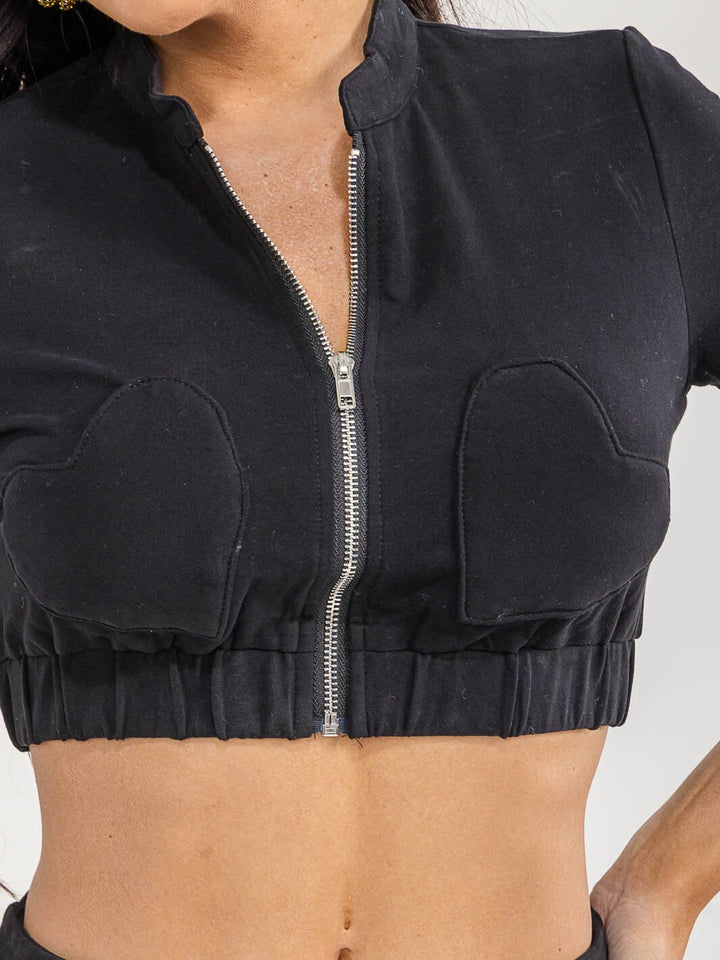 WOMEN'S SHORT SLEEVE CROP TOP & ZIP UP MINI SKIRT HEART POCKETS 2PC. SET