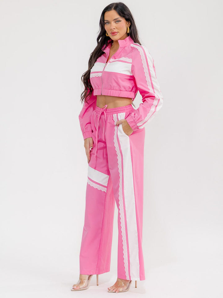 WOMEN'S LONG SLEEVE JACKET & ELASTIC WAIST PANTS COLORBLOCK 2PC. SET