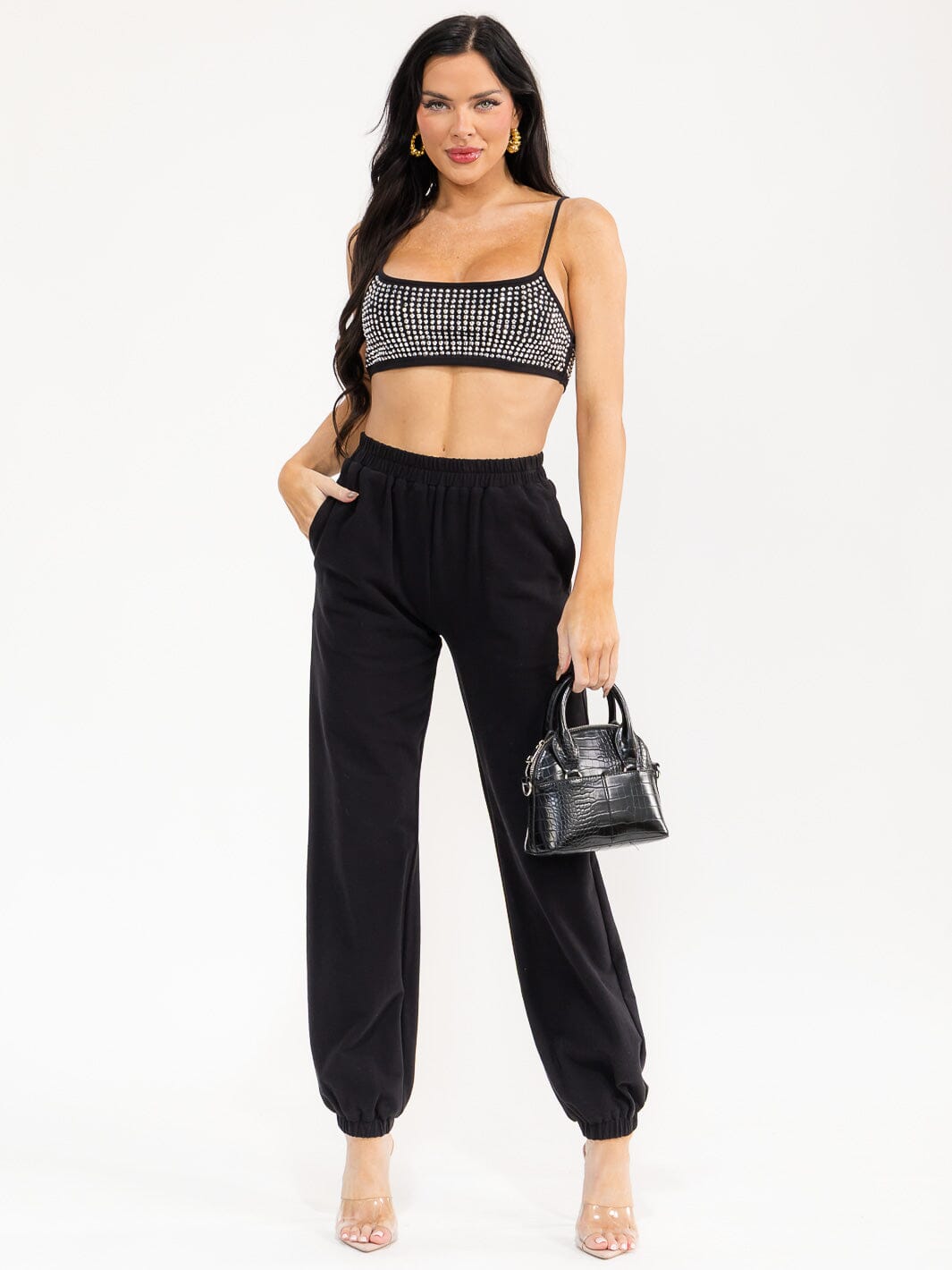 WOMEN'S SLEEVELESS CROP TOP & ELASTIC WAIST PANTS STUDS DETAILED 2PC. SET