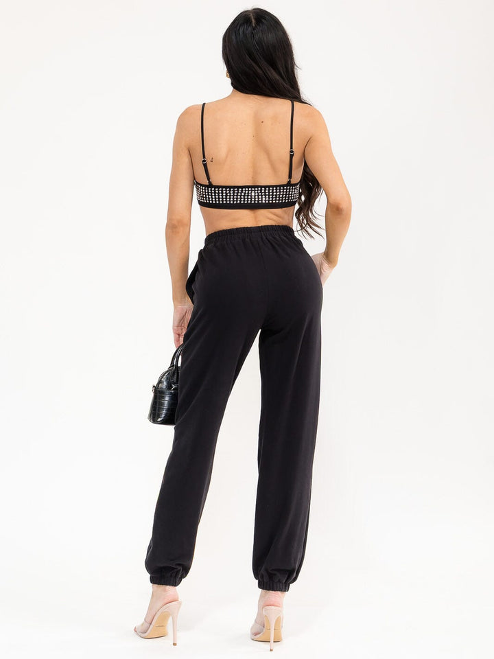 WOMEN'S SLEEVELESS CROP TOP & ELASTIC WAIST PANTS STUDS DETAILED 2PC. SET