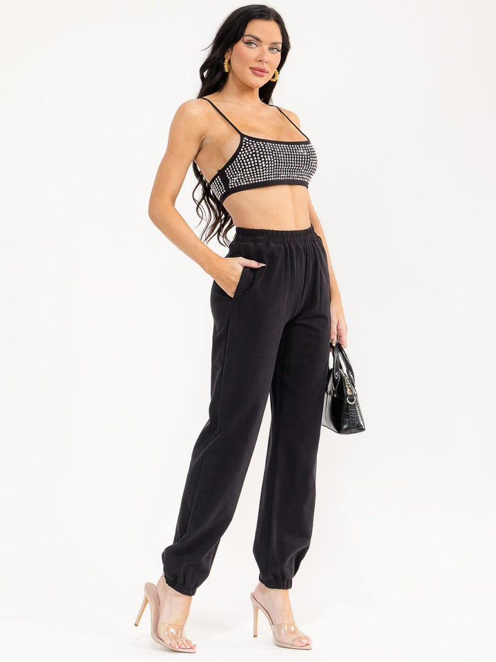WOMEN'S SLEEVELESS CROP TOP & ELASTIC WAIST PANTS STUDS DETAILED 2PC. SET