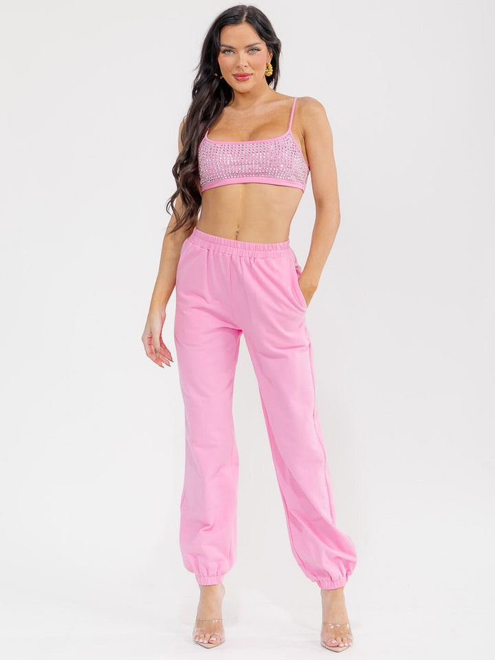 WOMEN'S SLEEVELESS CROP TOP & ELASTIC WAIST PANTS STUDS DETAILED 2PC. SET