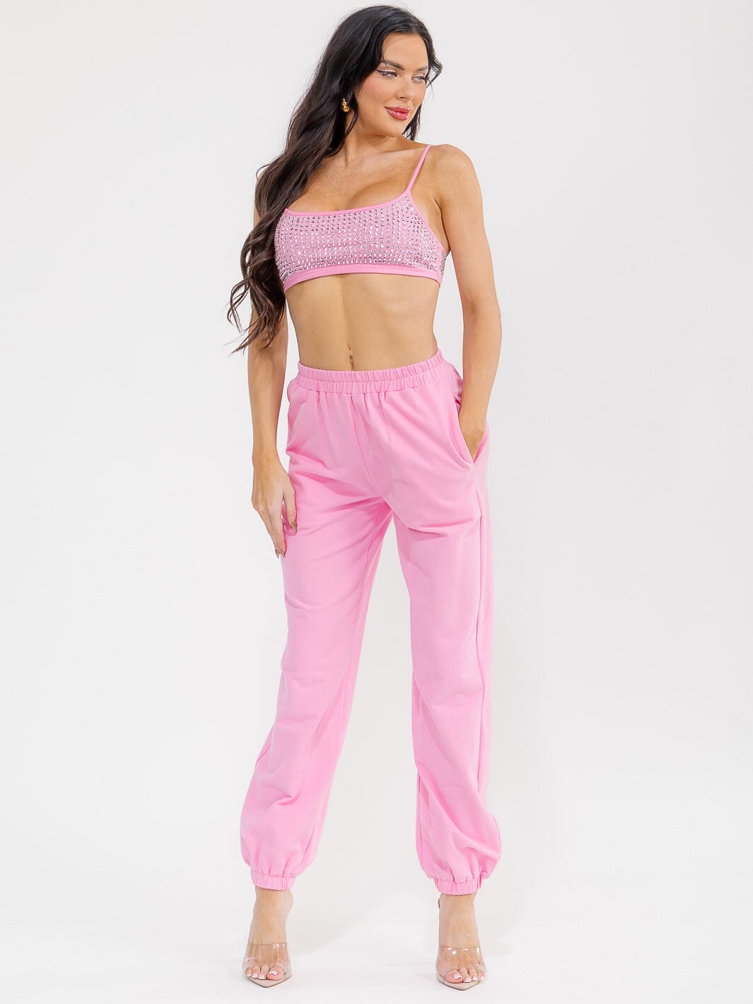 WOMEN'S SLEEVELESS CROP TOP & ELASTIC WAIST PANTS STUDS DETAILED 2PC. SET
