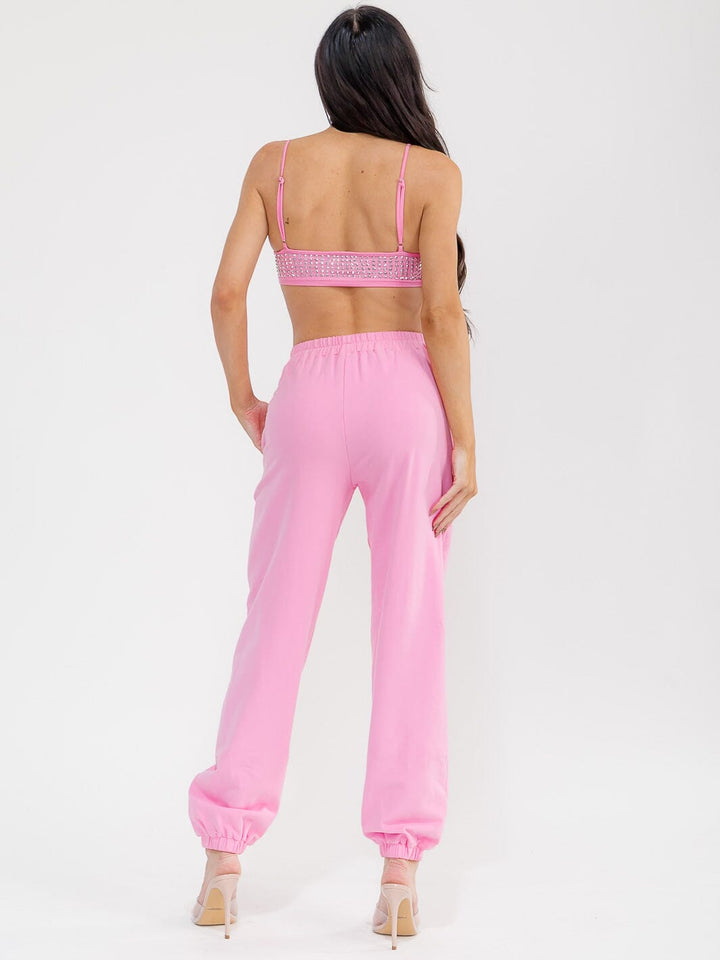 WOMEN'S SLEEVELESS CROP TOP & ELASTIC WAIST PANTS STUDS DETAILED 2PC. SET