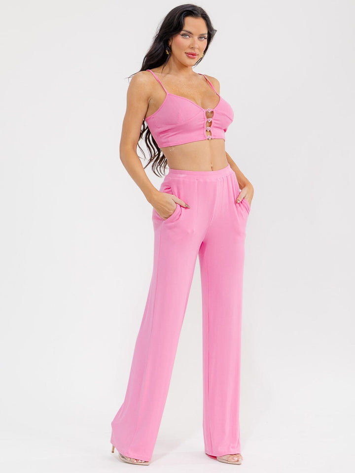 WOMEN'S SLEEVELESS CROP TOP & ELASTIC WAIST PANTS RIBBED 2PC. SET