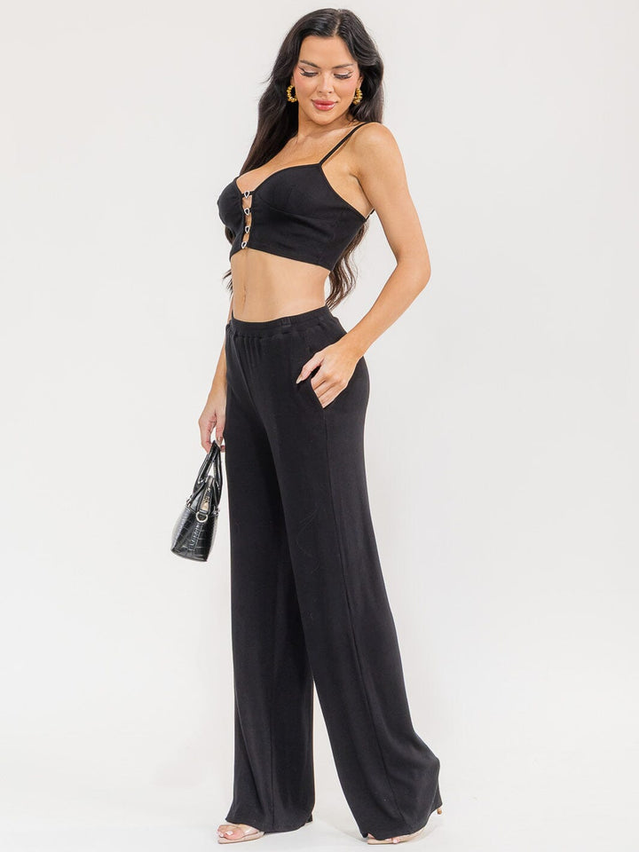 WOMEN'S SLEEVELESS CROP TOP & ELASTIC WAIST PANTS RIBBED 2PC. SET