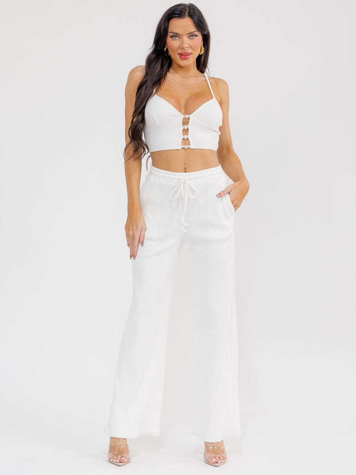 WOMEN'S SLEEVELESS CROP TOP & ELASTIC WAIST PANTS RIBBED 2PC. SET