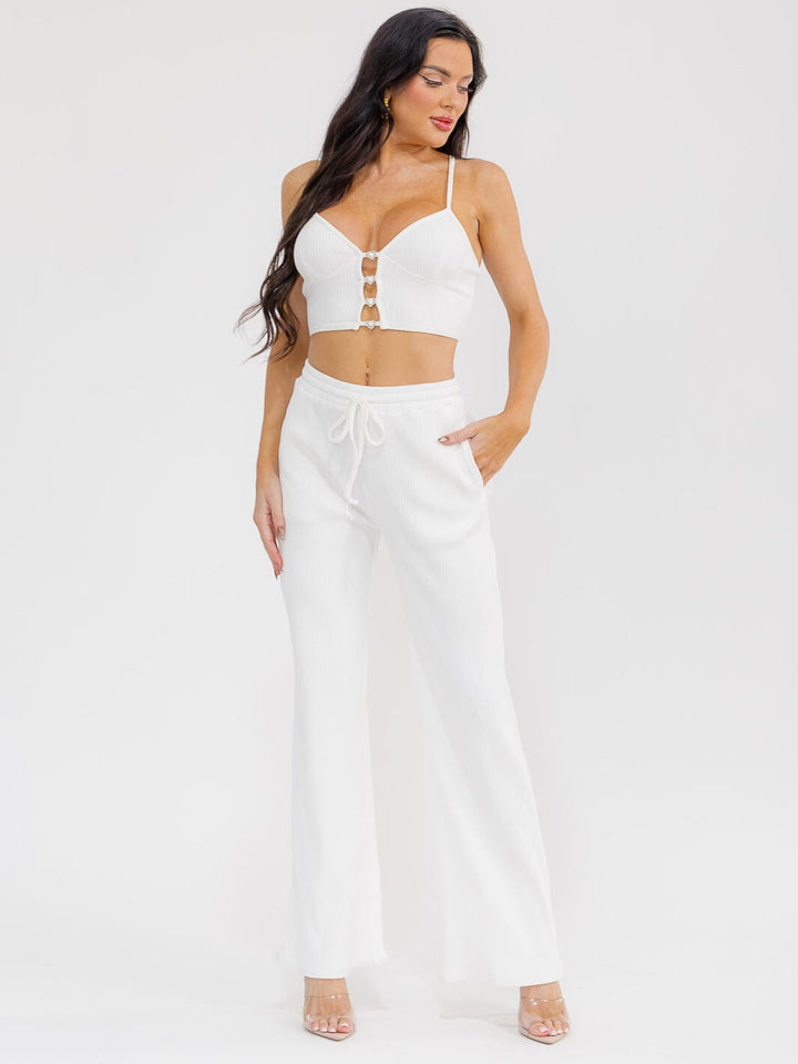 WOMEN'S SLEEVELESS CROP TOP & ELASTIC WAIST PANTS RIBBED 2PC. SET