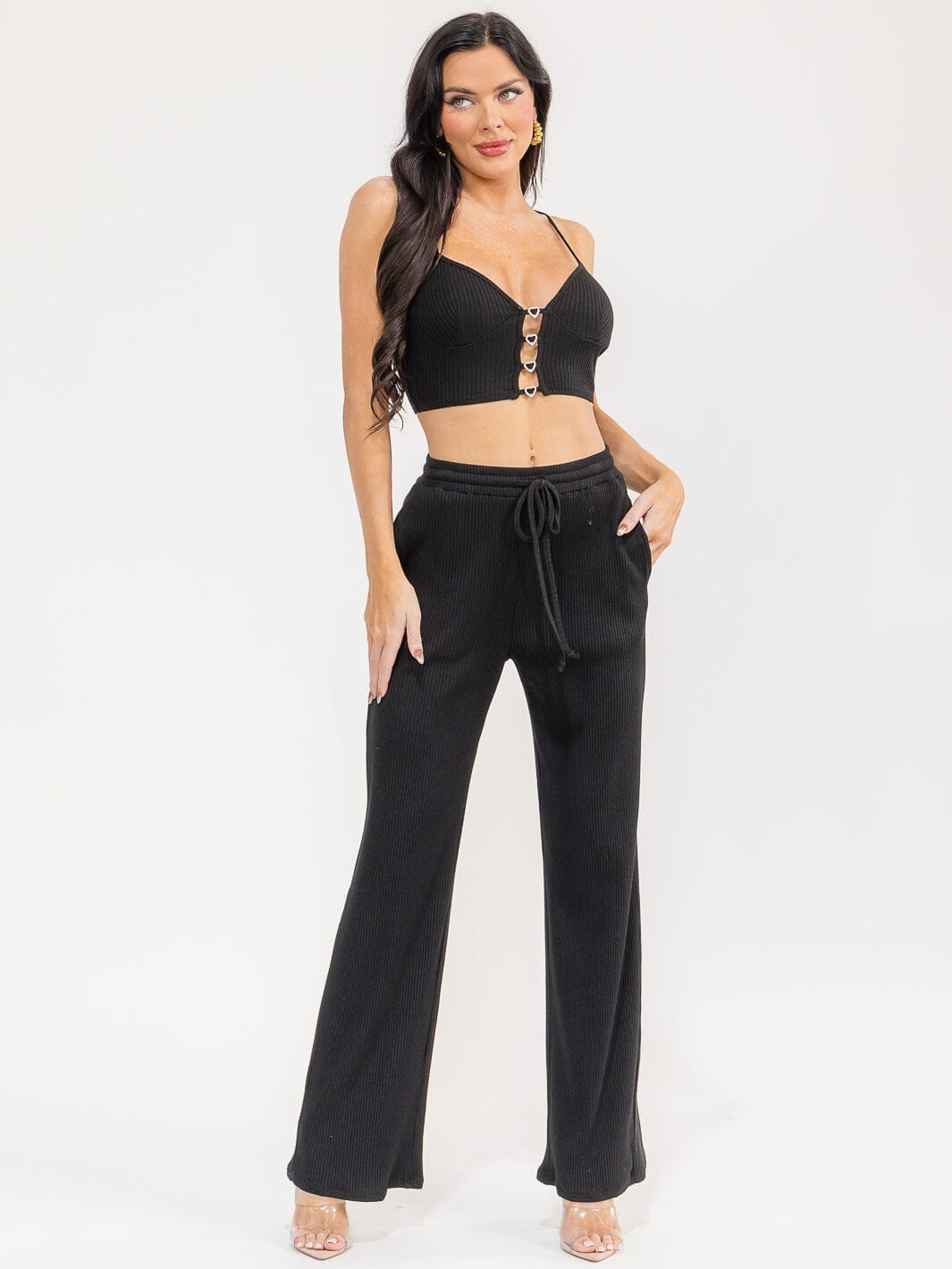 WOMEN'S SLEEVELESS CROP TOP & ELASTIC WAIST PANTS RIBBED 2PC. SET