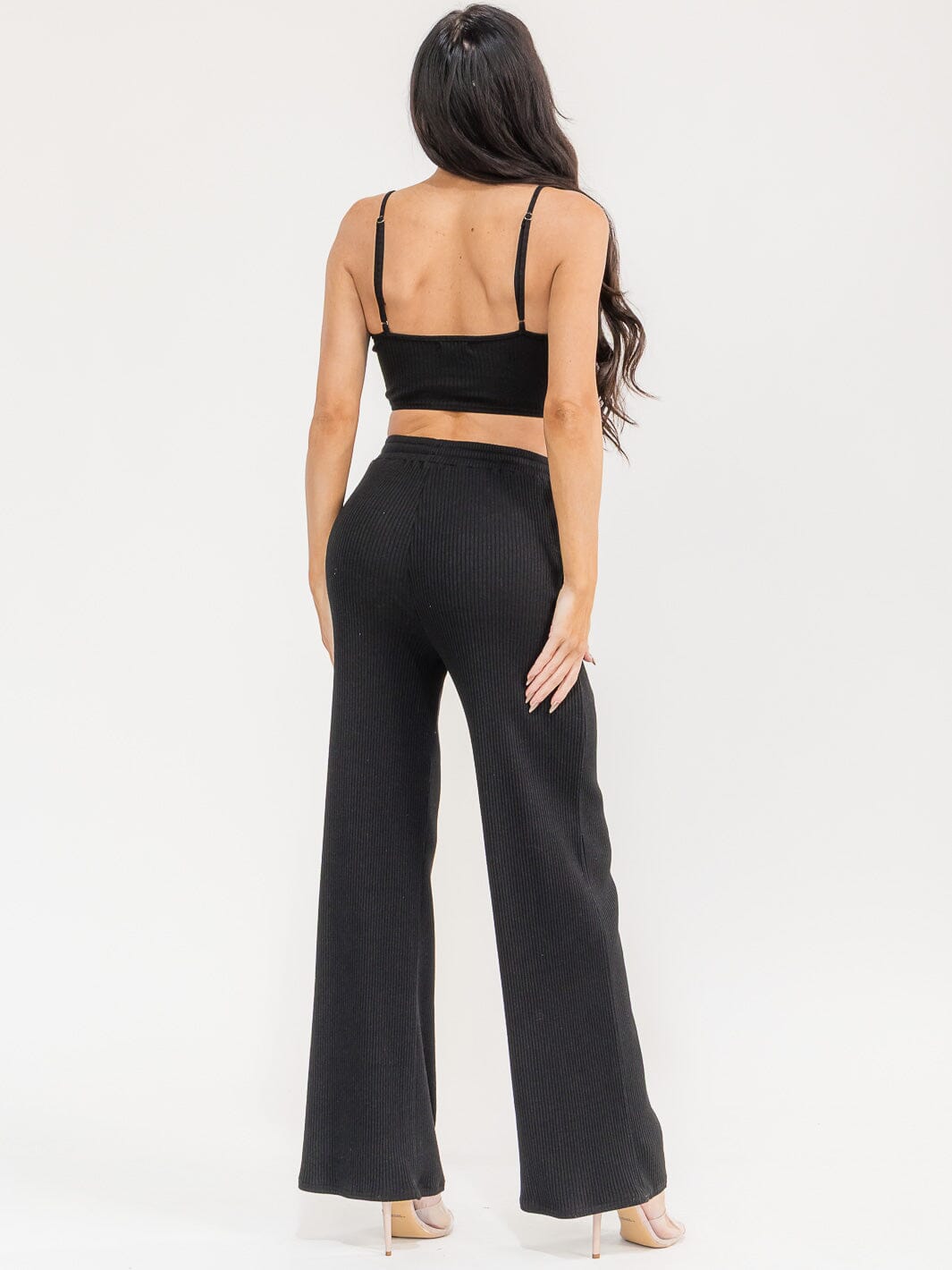 WOMEN'S SLEEVELESS CROP TOP & ELASTIC WAIST PANTS RIBBED 2PC. SET
