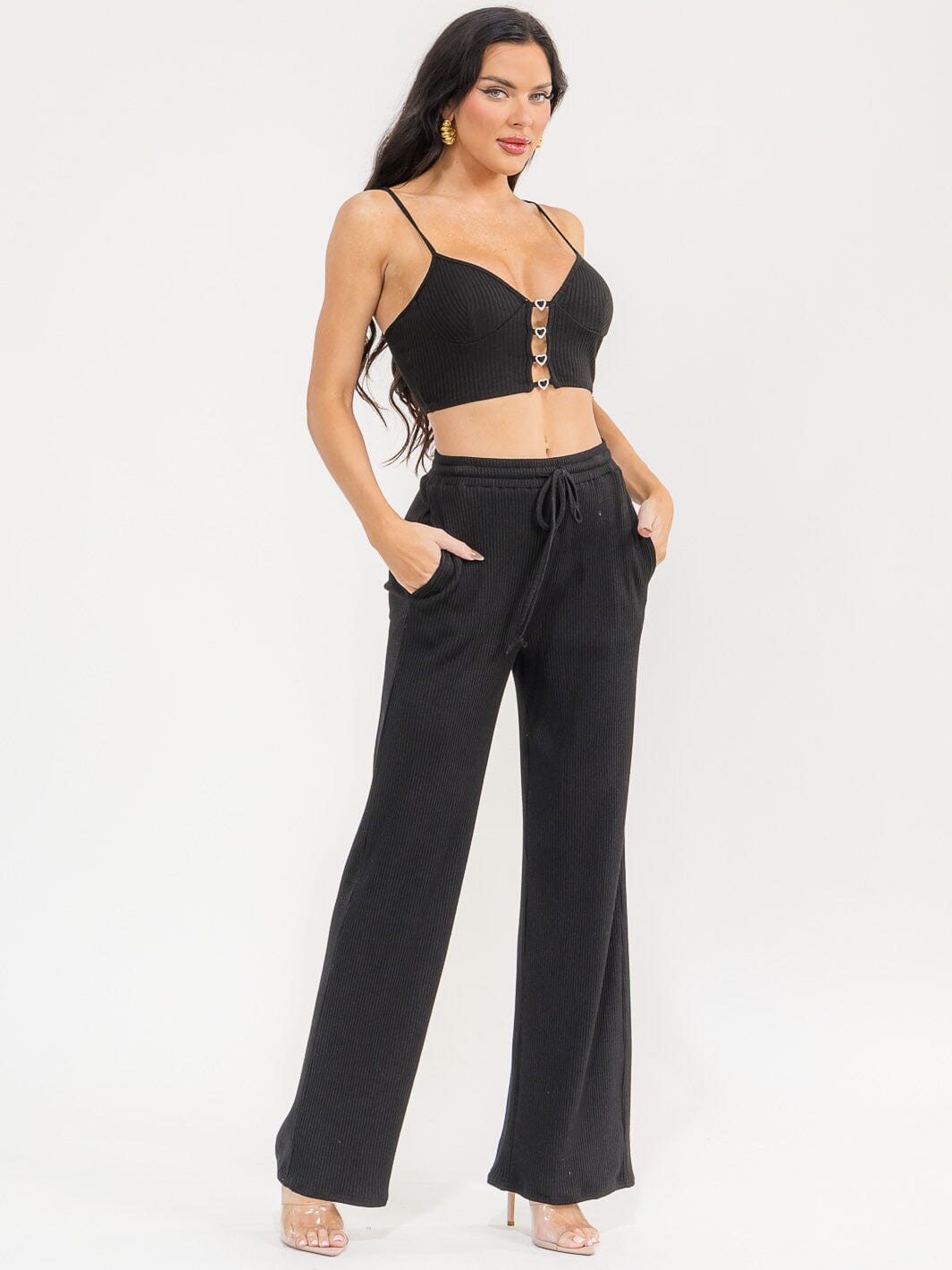 WOMEN'S SLEEVELESS CROP TOP & ELASTIC WAIST PANTS RIBBED 2PC. SET
