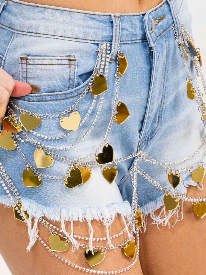 WOMEN'S BUTTON CLOSURE POCKETS WASHED DENIM HEARTS DETAILED MINI SKIRT