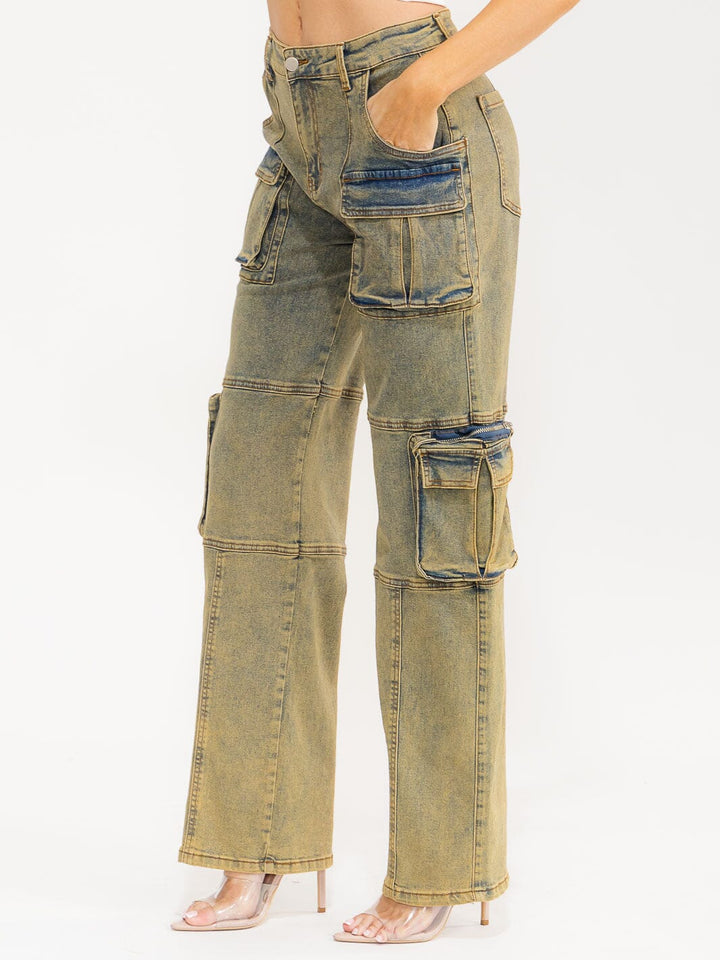 WOMEN'S BUTTON CLOSURE CARGO POCKETS WIDE LEG DENIM PANTS
