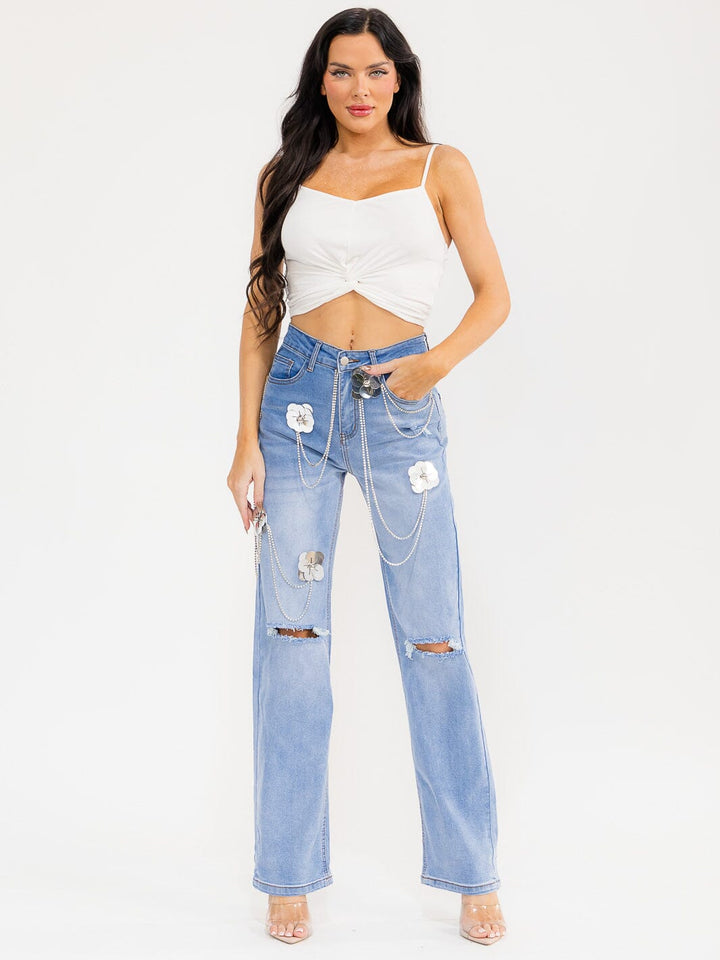 WOMEN'S BUTTON CLOSURE POCKETS WASHED DISTRESS DENIM FLOWER DETAILED STRAIGHT LEG PANTS