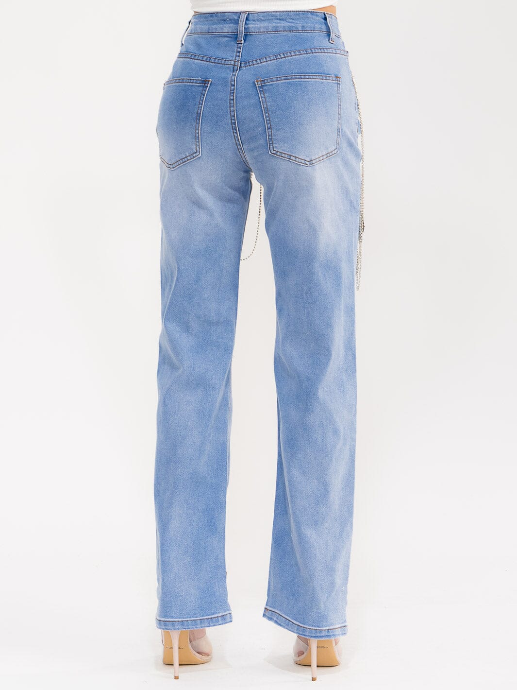 WOMEN'S BUTTON CLOSURE POCKETS WASHED DISTRESS DENIM FLOWER DETAILED STRAIGHT LEG PANTS